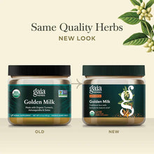 Gaia Herbs Golden Milk powder in old and new packaging, both tan-colored jars with black and green lids.