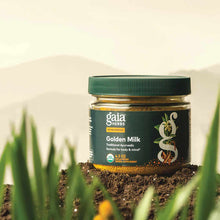 Gaia Herbs Golden Milk powder in a dark green jar with label, positioned on soil with grass and mountains in background.