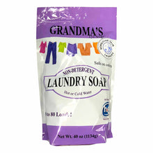 Grandma's Lye Soap 40 oz pouch with purple and white label showing colorful clothing on clothesline.