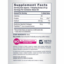 NeoCell collagen peptides supplement facts label showing 10g BioActive collagen per serving, gluten-free, keto-friendly.