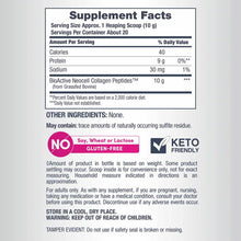 Supplement Facts label for NeoCell collagen peptides showing serving size, nutritional information, and product warnings.