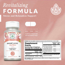 Natural Balance Great Legs Ultra bottle with 60 vegetarian capsules on pink background with supplement facts label and capsul