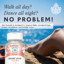 Natural Balance Great Legs Ultra bottle with white cap displayed on beach sand next to person's leg.