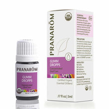 Pranarom Gumm Dropps essential oil blend bottle with white cap next to white box packaging labeled "Concentrated Oral Care."