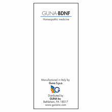 Guna-BDNF homeopathic medicine bottle label with manufacturer and distributor information.