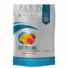 White and teal pouch of Gut Feeling mango strawberry travel sachets by Integrative Peptides, 45 packets.