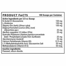 Product Facts label listing active and inactive ingredients for an animal gut health powder formula with 180 scoops per conta