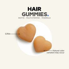 Two peach-colored heart-shaped gummies with text indicating biotin, multivitamins, and minerals, 0.78 inches in size.