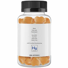 Bottle of peach-colored hair gummies with black screw cap, containing Biotin, Folic Acid, and Multivitamin.