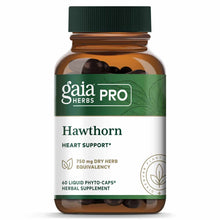 Gaia Herbs Pro Hawthorn supplement bottle with green label and dark liquid capsules inside.