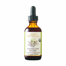 Brown glass dropper bottle with black cap labeled "Urban Moonshine Healthy Liver Bitters," 2 fl oz herbal supplement.