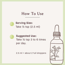 Instruction label for herbal bitters showing serving size of 1/2 teaspoon and suggested use of 3 to 6 times daily.