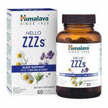 Himalaya Hello ZZZs sleep support supplement bottle and box with chamomile and lavender, 60 vegan capsules with 3mg melatonin