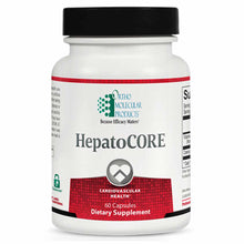 HepatoCORE bottle with black cap, white label with red band, 60 capsules, dietary supplement by Ortho Molecular Products.