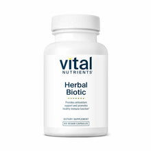 White supplement bottle with white cap labeled "Vital Nutrients Herbal Biotic" containing 60 vegan capsules.