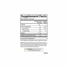 Supplement Facts label for Hi-Fiber capsules showing serving size of 6 capsules with dietary fiber and psyllium husk powder i