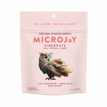 Pink pouch of MicroJoy Hibernate functional mushroom gummies with owl illustration, 30 cherry-flavored gummies.