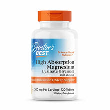 Doctor's Best High Absorption Magnesium supplement bottle with orange cap containing 120 tablets, 200 mg per serving.