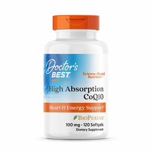 White bottle with orange cap labeled "Doctor's Best High Absorption CoQ10 100 mg, 120 softgels" dietary supplement.