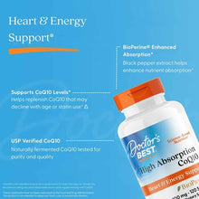 Doctor's Best High Absorption CoQ10 bottle with orange cap on blue background displaying product information.