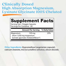 Supplement label showing magnesium lysinate glycinate dosage information and ingredients.