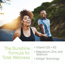 Two people jogging outdoors with text listing vitamin D3, K2, magnesium, zinc, selenium, and softgel technology benefits.