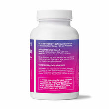 White bottle with purple label containing Bacillus Subtilis probiotic capsules and usage instructions.