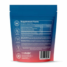 Blue and pink pouch of TruHeight Hydration Mix with supplement facts label and ingredient information visible on back.