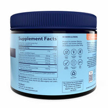 Dark container with blue lid and light blue label displaying supplement facts for creatine and electrolytes powder.