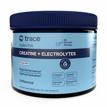 Blue and black container of Trace Minerals Hydro Pak Creatine + Electrolytes powder, 60 scoops, unflavored.