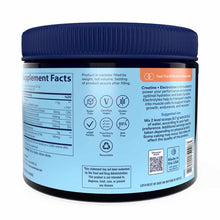 Black container with blue screw-top lid and light blue label displaying supplement facts, ingredients, and product informatio