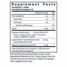 Supplement Facts label showing serving size of 1 tablet, 30 servings per container, with probiotic blend, curcumin, and prebi
