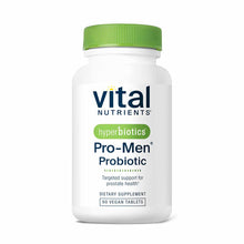 White bottle with green cap containing Vital Nutrients Hyperbiotics Pro-Men Probiotic dietary supplement, 60 vegan tablets.