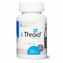White bottle of i-Throid iodine 12.5 mg dietary supplement containing 90 capsules by RLC Labs.