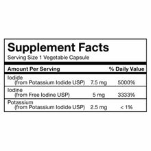 Supplement Facts label for i-Throid Iodine showing serving size, iodide, iodine, and potassium amounts per vegetable capsule.