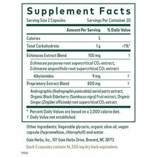 Supplement Facts label showing serving size, nutritional information, and herbal ingredients including echinacea, andrographi