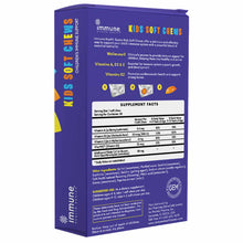 Purple box of Immune Health Basics Kids Soft Chews with product information, supplement facts, and ingredient list displayed