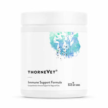 White container of Thorne Vet Immune Support Formula with turquoise watercolor design and bone icon, labeled 90 soft chews.