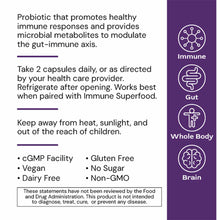 Purple bottle of Immune μBiomic probiotic capsules with product information and icons for immune, gut, whole body, and brain