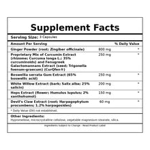 Supplement Facts label for Inflam-Eze Plus showing serving size of 3 capsules with ingredients including ginger, curcumin, bo