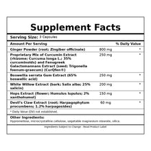 Supplement Facts label for Inflam-Eze Plus showing serving size, ingredients including ginger, curcumin, boswellia, and white