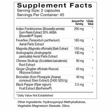 Supplement Facts label for InflamAway showing serving size of 2 capsules, 45 servings per container, with ingredients includi