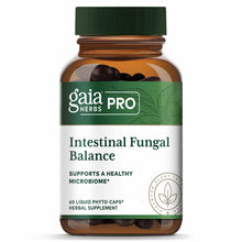 Gaia Herbs Pro Intestinal Fungal Balance brown glass bottle with green cap containing 60 dark liquid phyto-capsules.