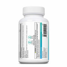 White supplement bottle with white cap containing 120 capsules, labeled with product information and warning label on front.