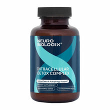 Brown glass bottle of Neurobiologix Intracellular Detox Complex with black cap and teal and navy label containing 60 vegetari