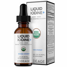 Amber glass bottle with dropper top containing liquid iodine supplement, next to white box packaging with USDA Organic seal.