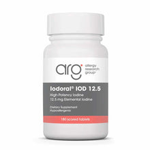 White plastic bottle of Iodoral IOD 12.5 mg iodine dietary supplement by Allergy Research Group containing 180 scored tablets
