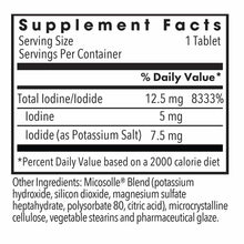 Supplement Facts label showing 12.5 mg iodine/iodide per tablet with 5 mg iodine and 7.5 mg iodide as potassium salt.