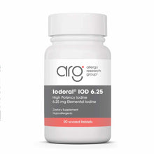 White supplement bottle labeled Iodoral IOD 6.25 by Allergy Research Group containing 90 scored tablets.
