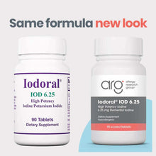 White bottles of Iodoral IOD 6.25 iodine supplement tablets, showing old and new label designs side by side.
